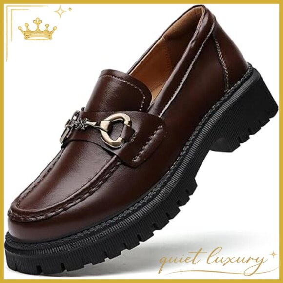 Shoes - Leather Platform Loafers with Chunky Heel for Office and Casual Wear